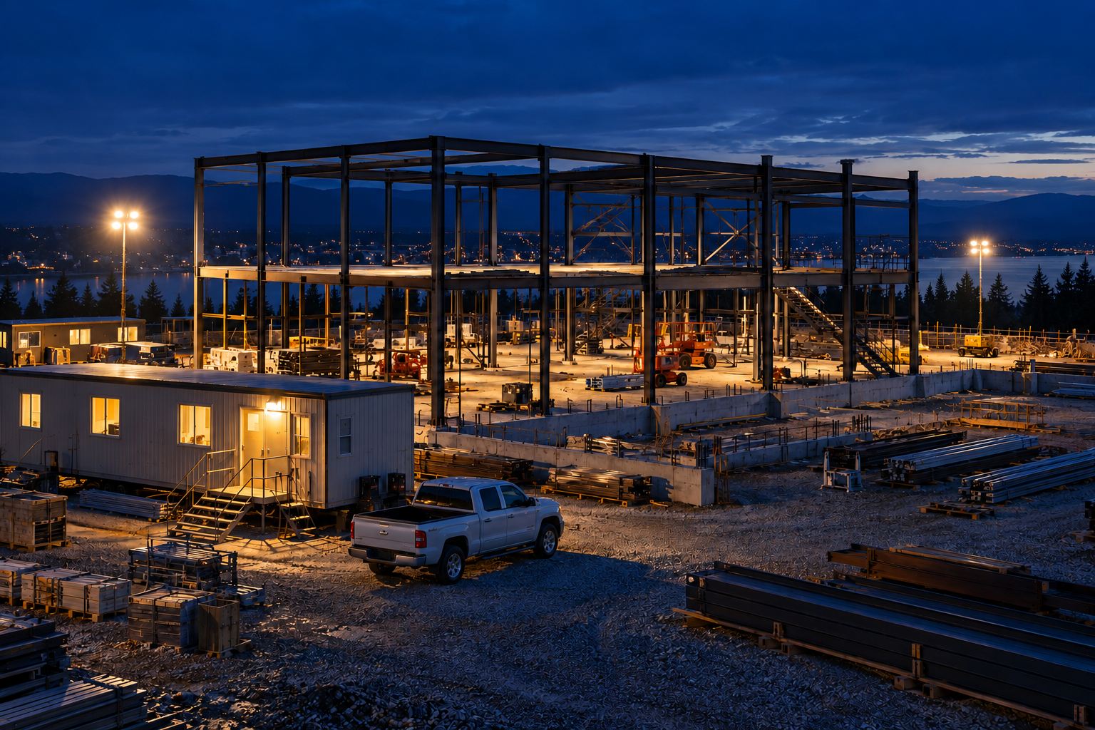 A commercial jobsite at dusk with a lit job trailer and steel framing